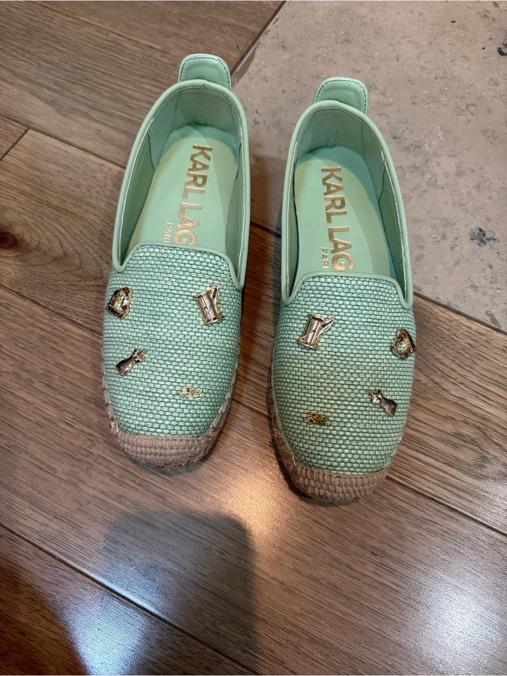 Karl Lagerfeld Mint Espadrille Slip-On Flats with Gold Accents